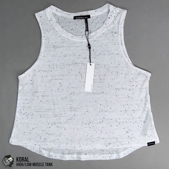 KORAL HIGH/LOW MUSCLE CROP T-SHIRT IN NEPS WHITE & BLACK FLECKED WOMEN’S SIZE XS - Picture 13 of 14